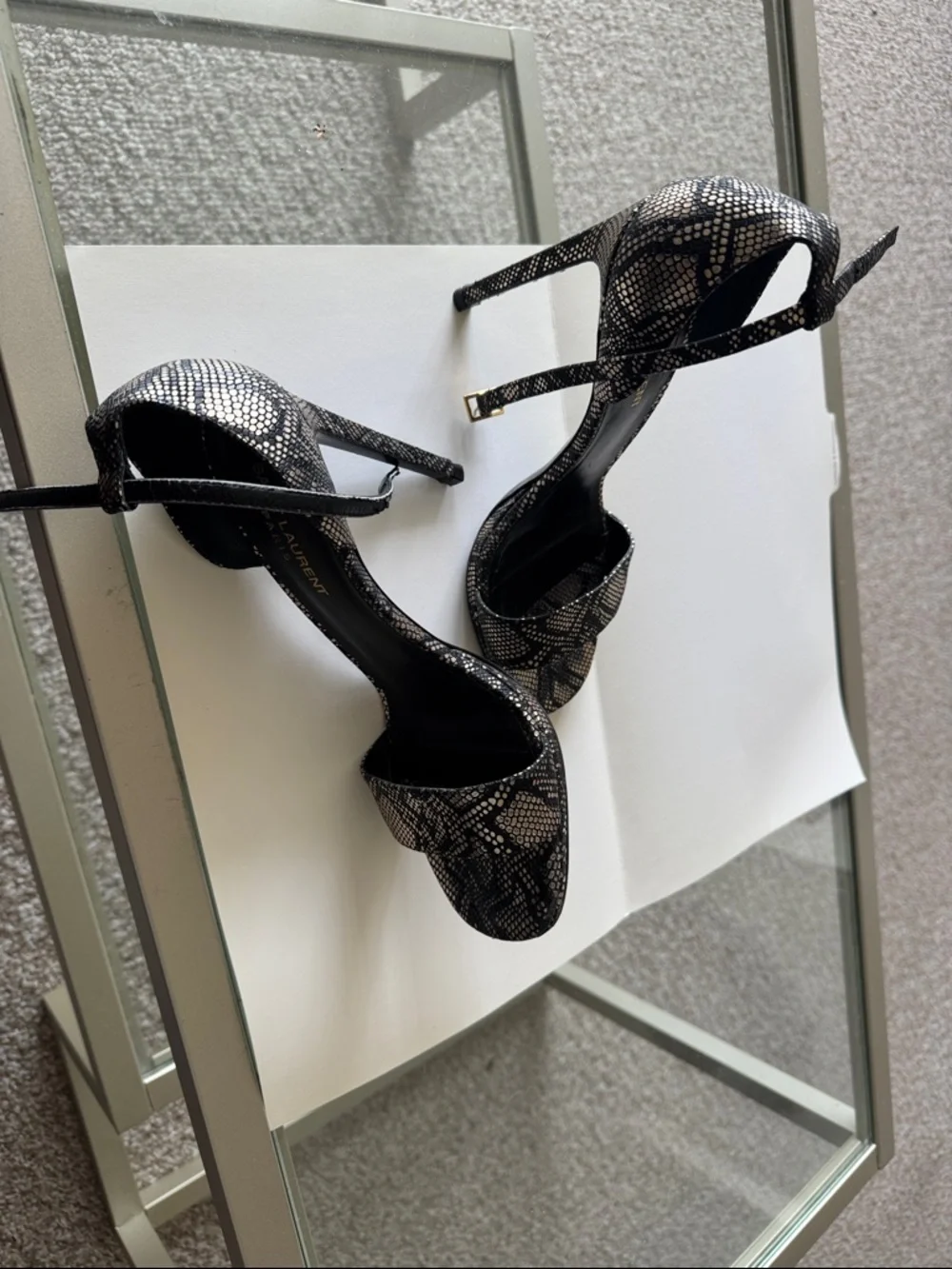 Saint Laurent Black and Silver Snakeskin Ankle-Strap Heels - Picture 2 of 6